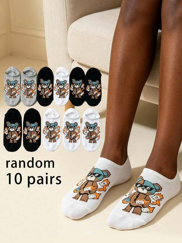 10 pares de calcetines surtidos al azar para hombre y mujer, calcetines tipo barco con diseño de oso de dibujos animados en negro, blanco y gris, ligeros, de moda, versátiles, casuales y deportivos para primavera y verano