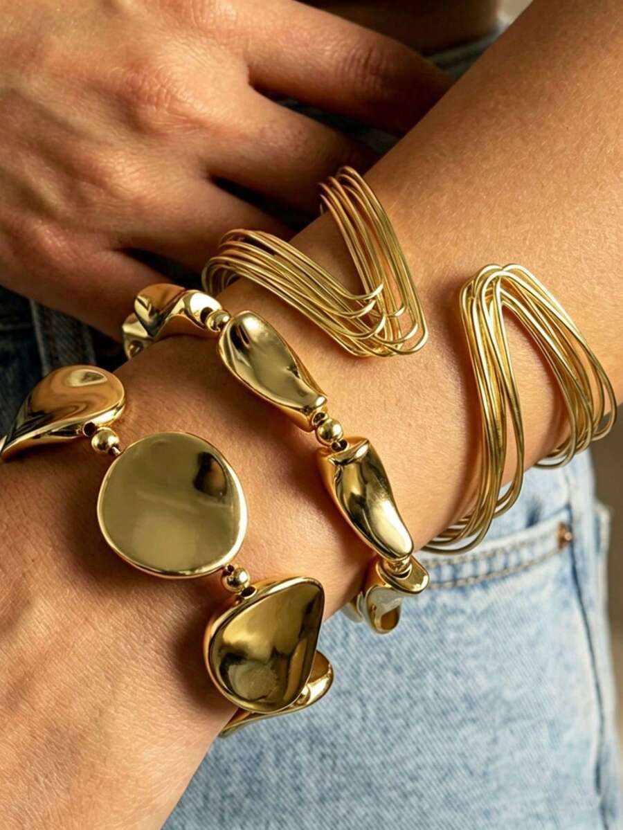 3pcs Women's Gold Stackable Asymmetrical Metal Bracelet Set, Bohemian Beach Vacation Versatile Daily Wear - Multicolor - View 1