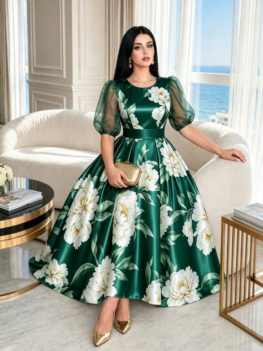 SHEIN Lady CURVE Plus Size Round Neck Raglan Petal Sleeve Summer Elegant Floral Print Dress Olive Green Birthday Evening Wedding Evening Evening Bride Vacation - Green - View 1
