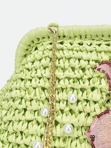Dedoo 花卉刺繡編織草編手拿包，珍珠裝飾金屬鍊條復古夏季斜挎女款手提包，適合海灘派對與度假 - 綠色 - 查看 9