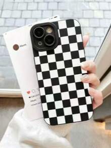 Checkered Phone Case, Checkerboard Phone Case, 360 Degree Protection, Lens Protection Matte TPU Frosted Phone Case Compatible With Iphone&Galaxy,IPhone16 - Black and White - View 3