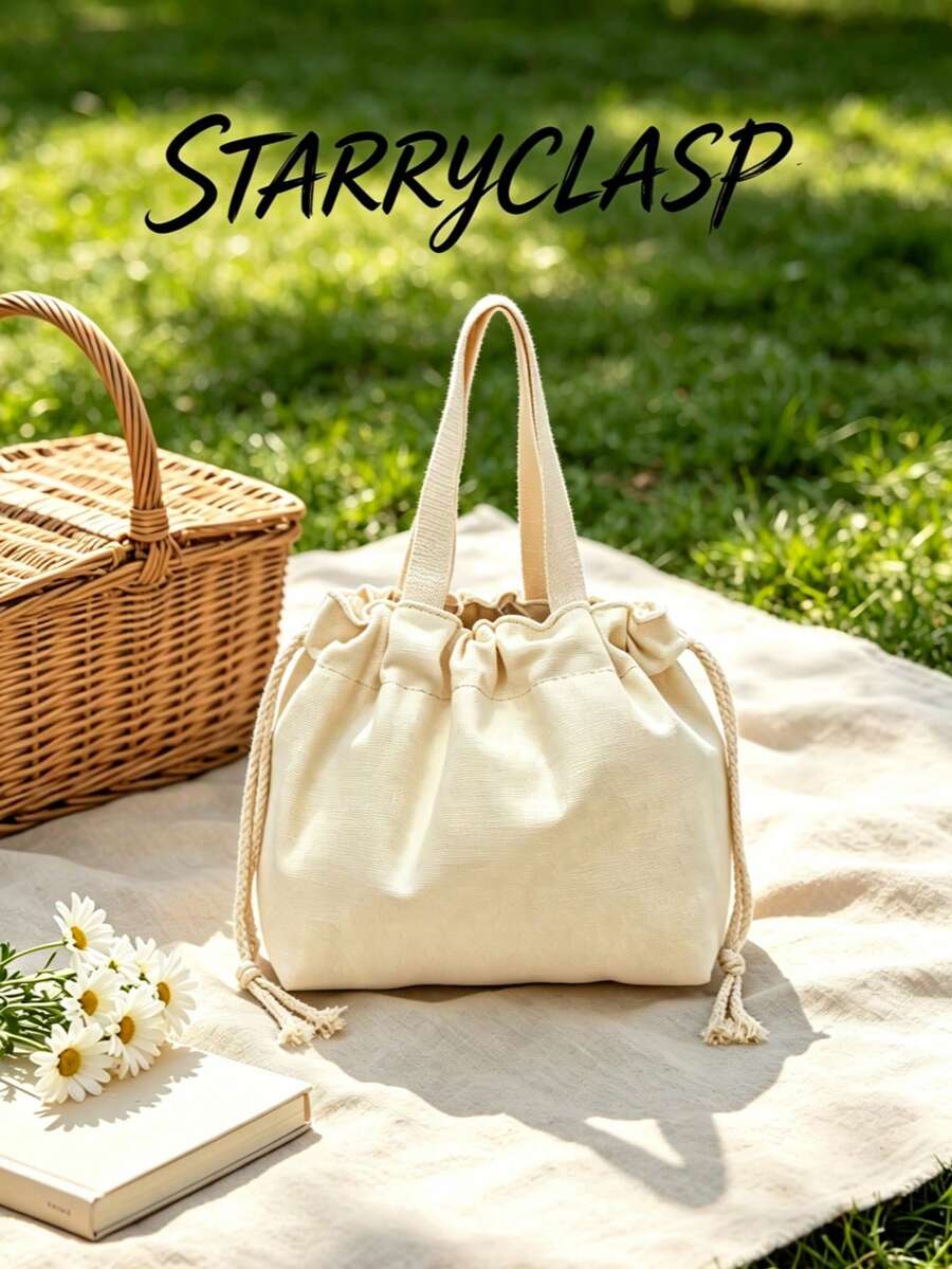 Rice Apricot Plain Drawstring Tote Bag With Wide Woven Handles, Customizable Print Blank Basic Style For Daily Commute And Miscellaneous Storage Small Tote - Beige - View 1