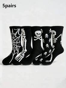 1/5 Pairs Unisex Skull And Spider Pattern Mid-Calf Socks, Comfortable Creative Casual Socks, Suitable For Daily Wear, Halloween, Party, Autumn - Black and White - View 8