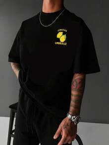Men's Pure Cotton T-Shirt, Soft Double-Sided Printed Italian Lemon La Dolce Vita Pattern Summer Crew Neck Top - Black - View 2