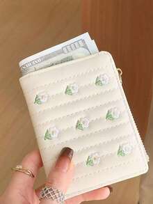日韓風小眾設計 INS 可愛刺繡花卉卡夾零錢包 小收納包 清新美感 便攜收納包 小錢包 - 杏色 - 查看 3