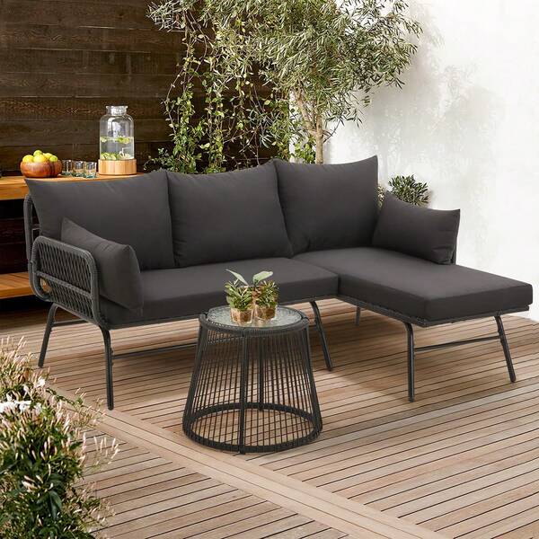 3-Piece Patio Conversation Set: L-Shape Rattan Sectional Sofa With Thick 4" Cushions, Tempered Glass Coffee Table – Modular Loveseat & Chaise Lounge For Backyard, Porch, Poolside (485 Lbs Capacity, UV-Resistant), Wonderful Coffee Table Foca