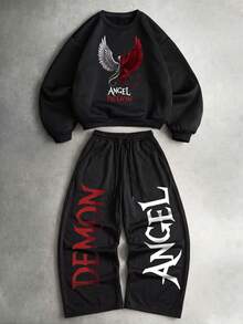 SU ER Men's Summer Crew Neck Casual Pullover Sweatshirt And Casual Long Pants Set - Black - View 3