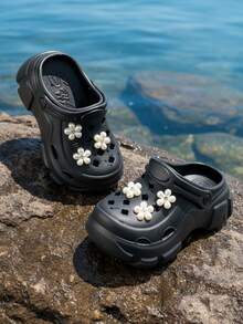 HAHABOBO Sandal Anak Motif Bunga Mutiara Hitam Sol Tebal EVA, Sandal Musim Panas dengan Potongan Geometris dan Tali yang Dapat Diatur - Hitam - View 5
