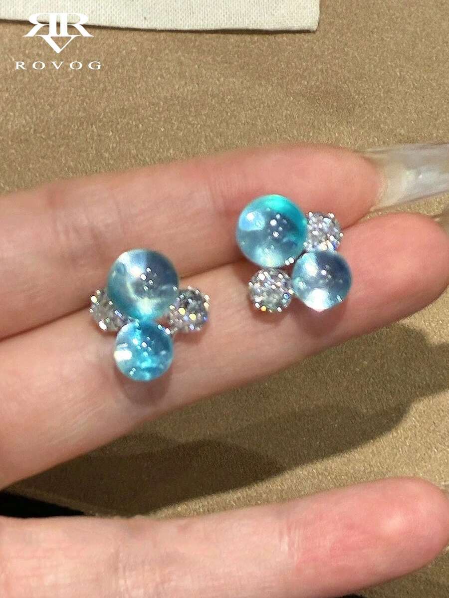 1對優雅玻璃與合成樹脂藍色氣泡耳釘,適合女性派對與聚會穿著 - 銀色+藍色 - 查看 1