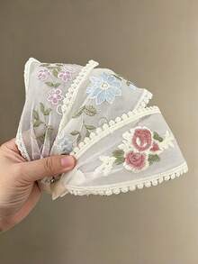 3件組半透明網紗花卉刺繡寬版髮箍 女孩溫柔蕾絲扇形邊緣防滑髮帶 - 彩色 - 查看 3