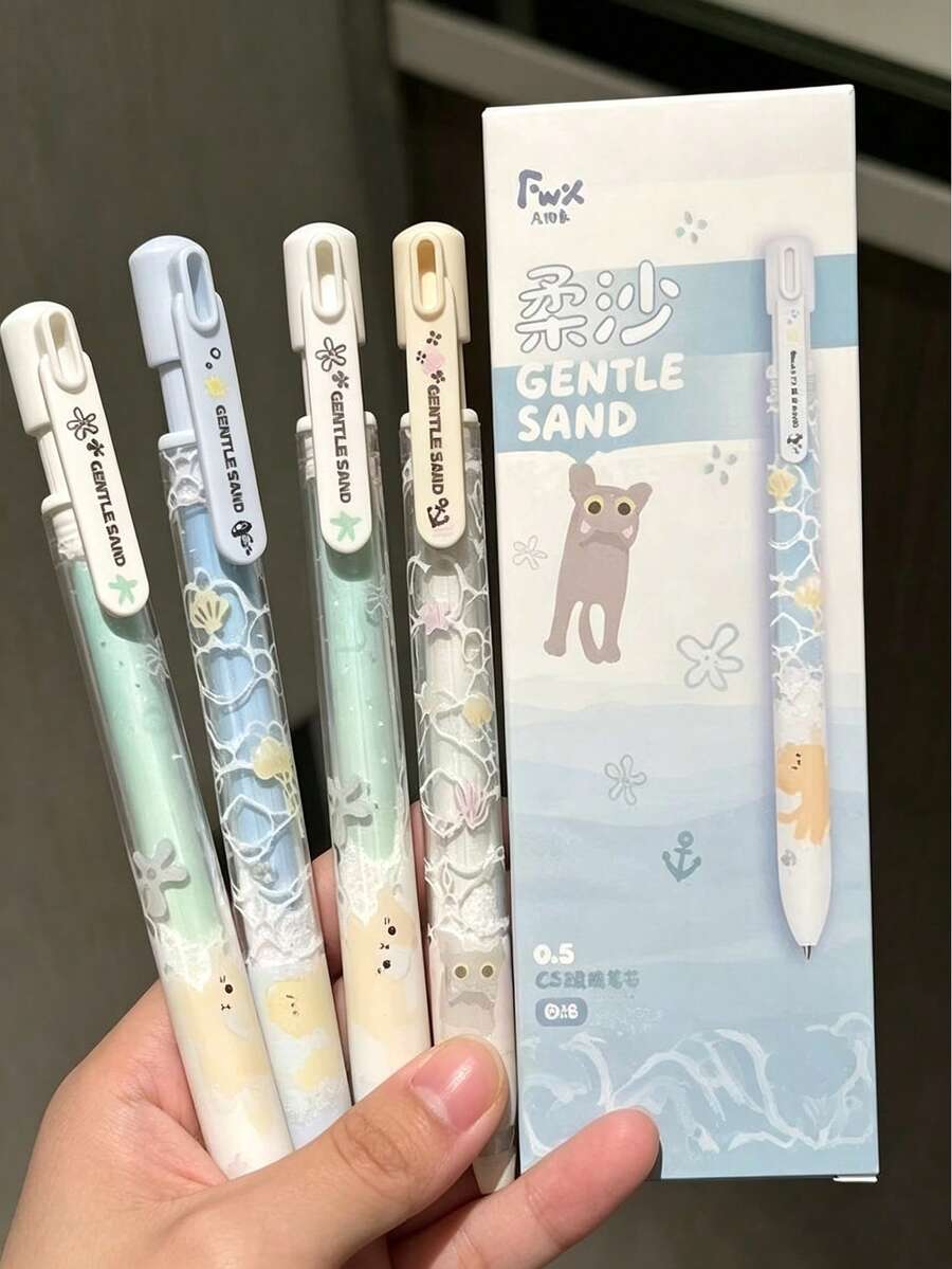 4/1pc Ocean Sand Cat Retractable Gel Pen, CS Tip 0.5mm Black Quick-Dry Gel Ink, Cute Aesthetic Stationery, Suitable For Students, Exams, Learning, School Use - Multicolor - View 1