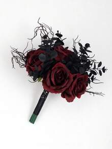 13 Inch Gothic Black&Burgundy Artificial Wedding Bouquet For Bride Bridesmaid, Floral Bouquet With Ribbon Ceremony,Anniversary,Home Decor - Multicolor - View 6