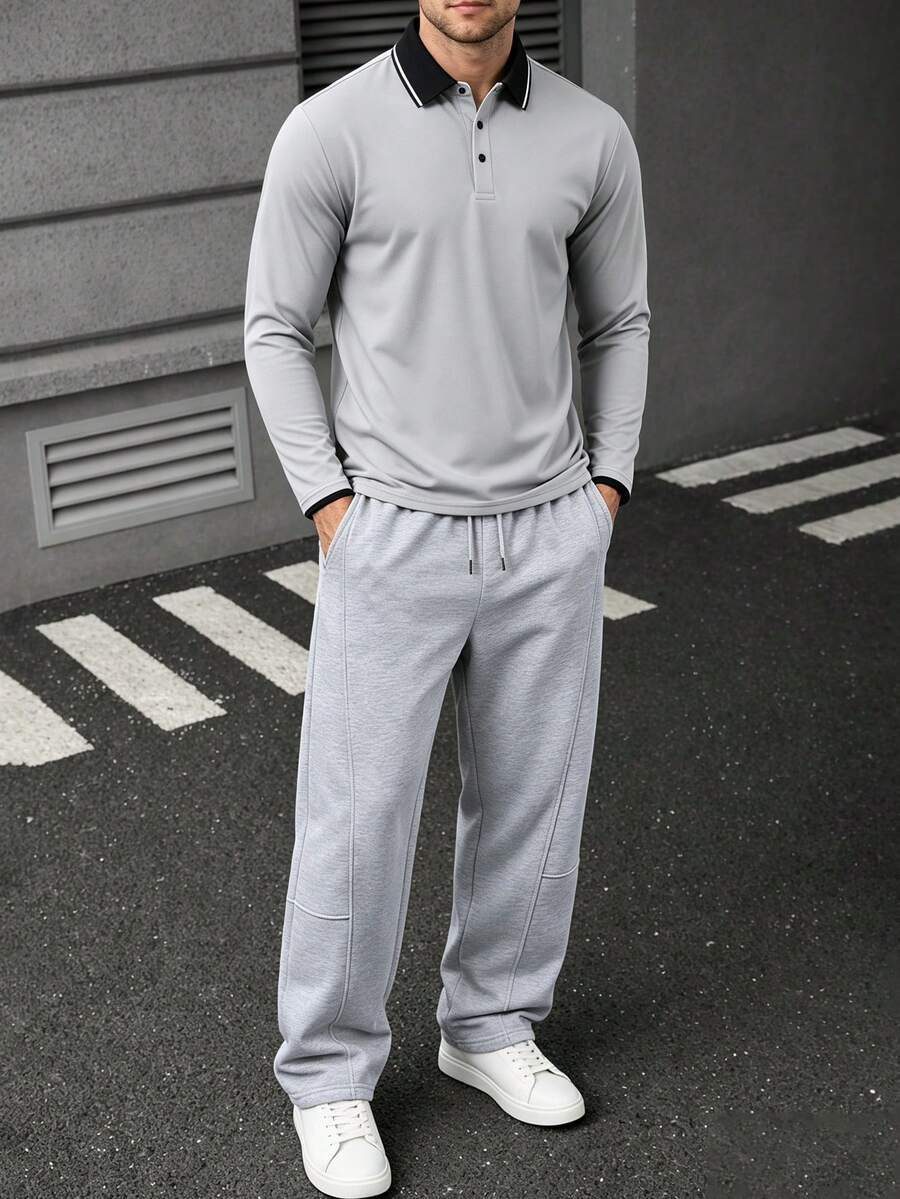 2pcs Core Style Men's Long Sleeve Polo Shirt & Wide Leg Pants Set, Casual Two Pieces Outfit, Suitable For All Seasons, Golf Scenarios, - Light Grey - View 1