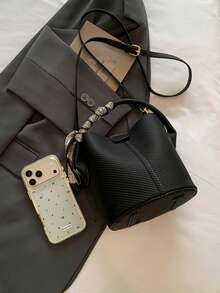 Bolso de cubo para mujer, bolso de mano elegante y versátil de unicolor a rayas negro con pañuelo, adecuado para compras y viajes, incluye una pequeña bolsa - Negro - Ver 6