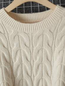 Soft Gentle Style Cable Knit Long Sleeve Dress, Autumn/Winter Youthful Round Neck Knitted Dress For Women - Apricot - View 3