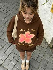 Vacation Style Teen Girls Sweatshirt, Front Chest Print Hibiscus Flower Slogan, Soft And Warm Autumn/Winter Campus Top - Brown - View 8