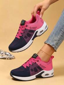 Fashion Low Top Air Cushion Knit Sneakers For Women, Gradient Mesh Height Boost Lace Up Comfort Shoes, Street Style Trainers For Jeans Dating Travel - Red - View 7