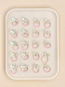 14/28pcs Random Assorted White Rhinestone Flower Hair Accessories, Thin Pink Cord 3D Petal Design Mini Versatile Hair Ties For Girls' Daily Outfits - Multicolor - View 5