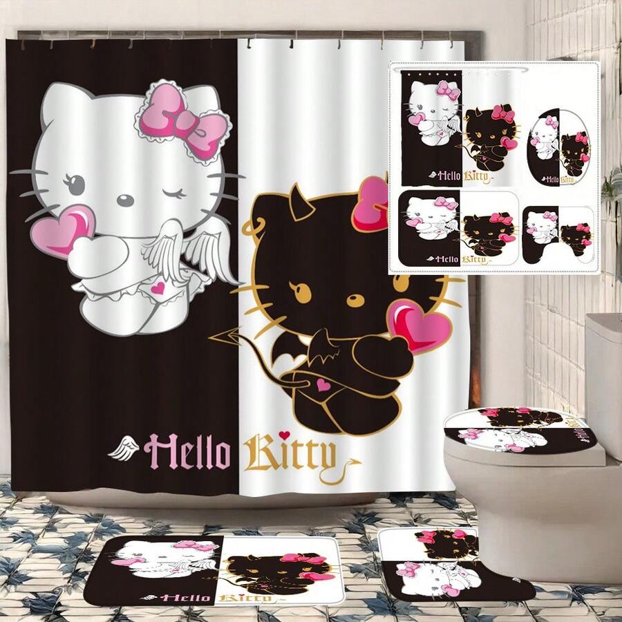 Sanrio Hello Kitty 浴室簾套裝 4件組-創意印花、可機洗、時尚耐用,完美聖誕浴室裝飾配件,適合節日、新年與生日禮物 - 4-piece shower curtain set - 查看 1