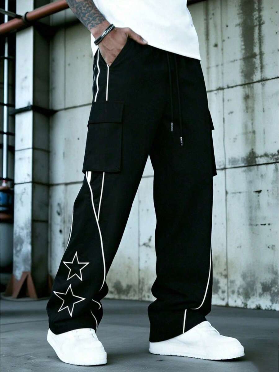 男士休閒印花直筒長褲,戶外運動長褲,春秋款黑色 - 黑色 - 查看 1