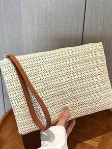1pc Women's Straw Woven Clutch Bag Bohemian Style Summer Beach Straw Wallet Zipper Wristlet, Suitable For Any Occasion Such As Work, Business, Dating - Khaki - View 9