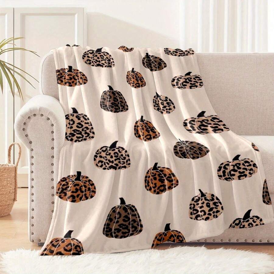1pc Soft Plush Blanket, Halloween Leopard Print Pumpkin Design - Suitable For All Seasons, Hypoallergenic And Tear-Resistant, Perfect For Sofa, Bed, Office, Camping And Travel, Also Great Gift For Christmas And Halloween - Multicolor - View 1