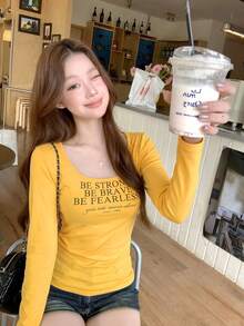 Kaos Lengan Panjang Leher U Gaya Amerika untuk Gadis Seksi dengan Lapisan Dalam dan Pinggang Pas, Warna Kuning - Kuning - View 2