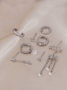9pcs Artificial Zirconia Inlaid Star & Moon Chain Pendant Earrings Set, Fashionable Layering Accessories For Women's Daily Wear, Date, Party And Gathering - Silver - View 6