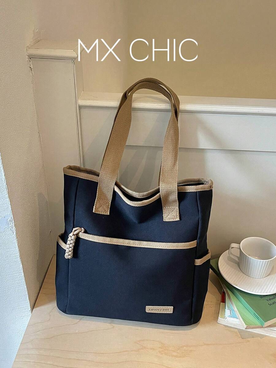 Minimalist Solid Color Women's Canvas Tote Bag, Large Capacity Crossbody Bag, Lightweight Shoulder Bag For Travel. Vintage Multi-Pocket Casual Messenger Bag, Square Shape, Versatile And Practical, Suitable For Outdoor Activities, Daily Commute And Campus Use. - Black - View 1