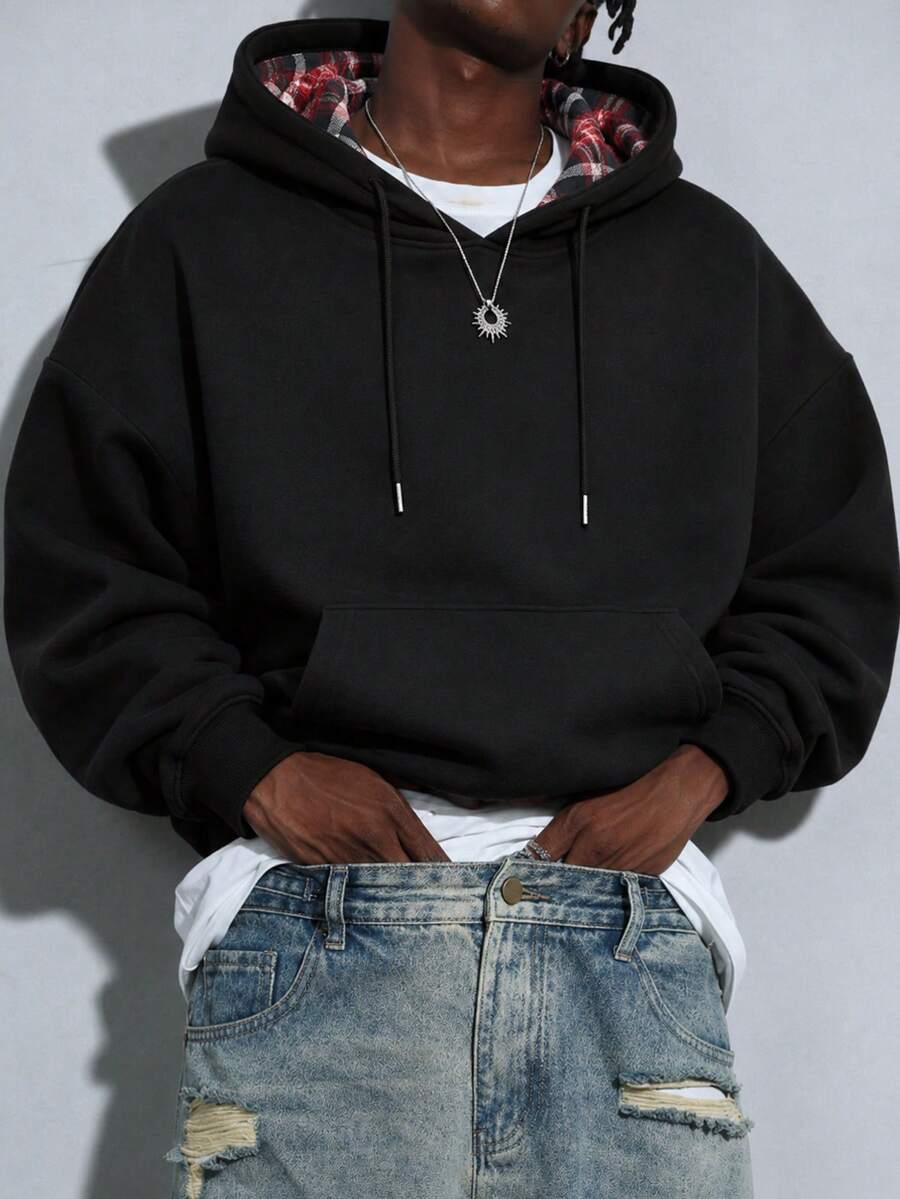 Men's Black Pullover Hoodie, Plaid-Lined Drawstring Hood, Kangaroo Pocket, Ribbed Cuffs And Hem, Casual Long Sleeve Sweatshirt For Fall Winter - Black - View 1