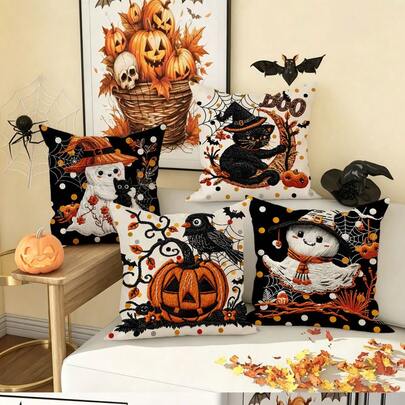 4pcs Halloween Decorative Pillow Covers, Witch Hat, Black Cat, White Ghost, Pumpkin Lantern, Crow Pattern Cushion Covers, Suitable For Autumn Festivals, Holiday Sofa, Home Decor, Throw Pillow Covers
