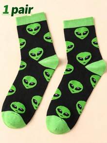 Calcetines de media caña con estampado de alienígena, calcetines de media caña con base negra y patrón de cabeza de alienígena verde, calcetines casuales divertidos y extravagantes de estilo urbano para hombres y mujeres - Negro - Ver 2