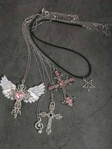 5pcs Vintage Gothic Rhinestone Pink Heart Angel Necklace, Wing Angel Cross Necklace, Rhinestone Music Note, Pink Rhinestone Large Cross Star Women's Necklace Set, Bohemian Wing Necklace, Y2K Women's Necklace - Pink - View 6