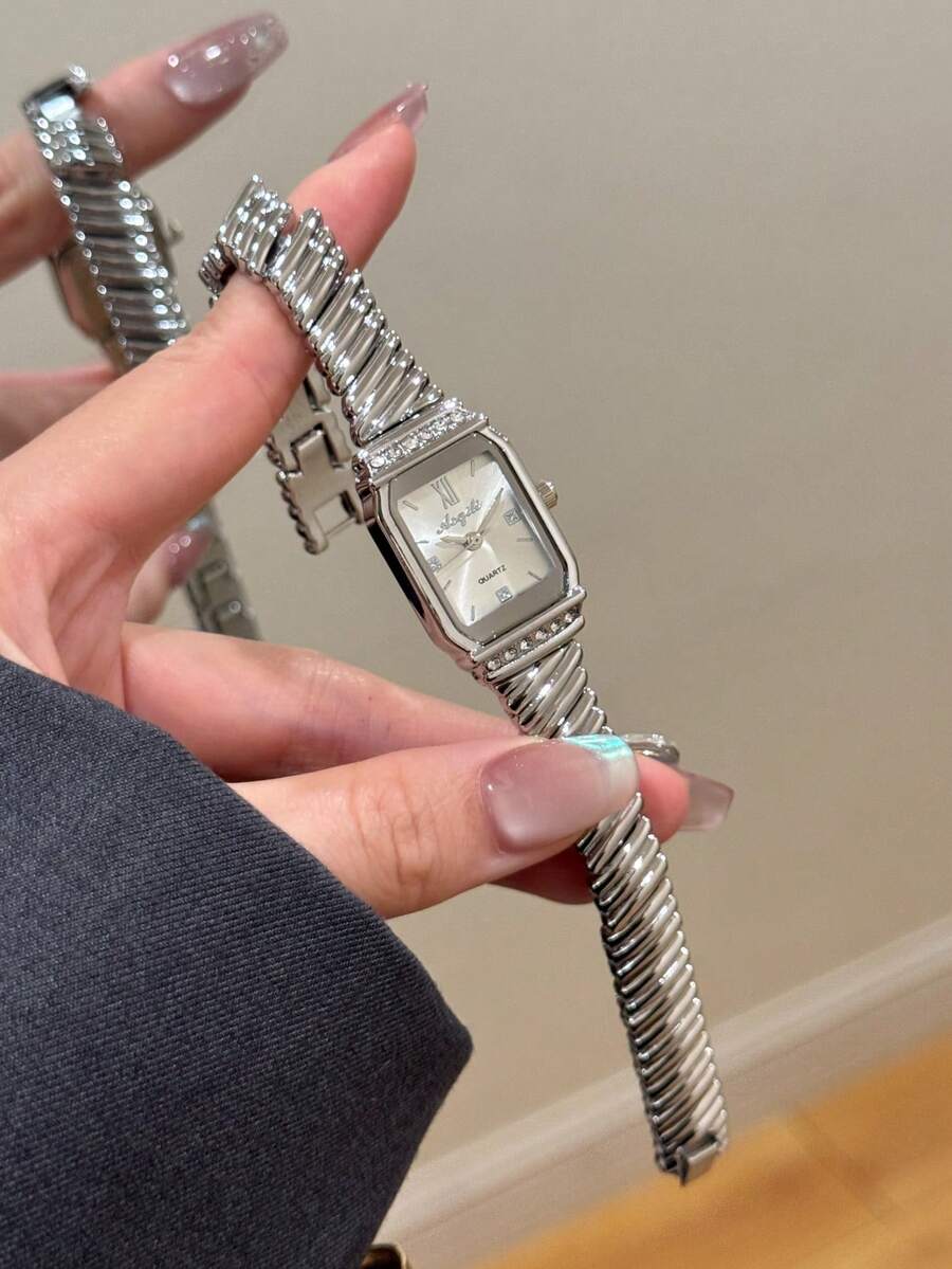 1件裝銀色方形石英女款手錶，簡約奢華，優雅迷人，適合派對、聚會與外出 - 銀色 - 查看 1