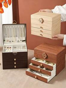 Jewelry Storage Box, Artificial PU Leather Walnut Wood 3-Layer Wooden Jewelry Box With Velvet Lining, Earring And Ring Storage Box, Large Capacity Drawer Design, Suitable For Necklaces, Bracelets (3 Layers) - Multicolor - View 6