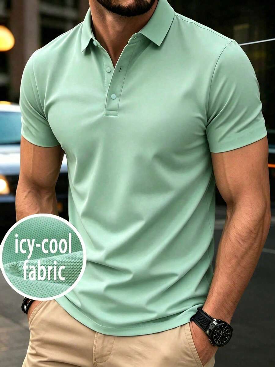 Men's Summer Ice Silk Quick-Dry Cool-Touch Polo Shirt, Business Thin Short Sleeve T-Shirt, Casual Elastic Solid Color Top Sports