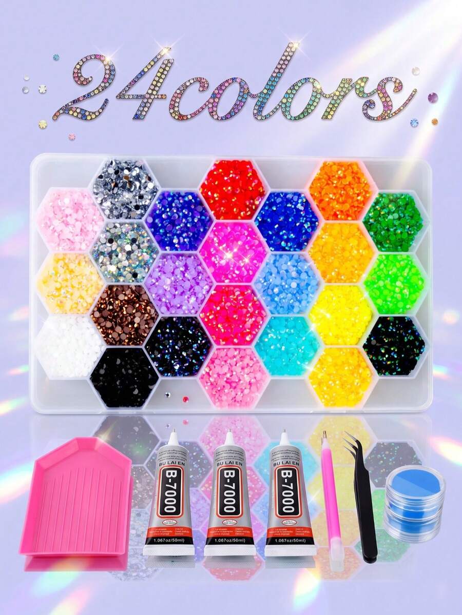 Bedazzling Kit With Rhinestones, 32000-20000Pcs Resin Jelly Flatback Rhinestones For Bedazzling Kit, 24 Colors 3mm-5mm Bedazzler Kit With 3Pcs B7000 Glue & Tools For DIY Diamond Art Clothes Crafts - Hexagonal Box - View 1