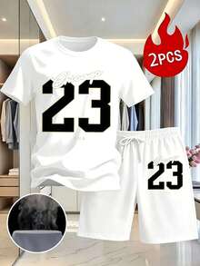 Mens Clothes Set Of 2pcs Including A White T-Shirt Featuring A Black And Golden '23' Print,Shorts That Have Golden '23' Accents And A White Drawstring - 白色1 - 查看 1