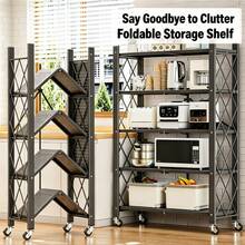 Rack 71*34*160cm 5-Tier No-Assembly Foldable Metal Storage Shelf With Lockable Casters, Multi-Purpose Organizer For Microwave, Tableware & Household Supplies - Multicolor - View 1