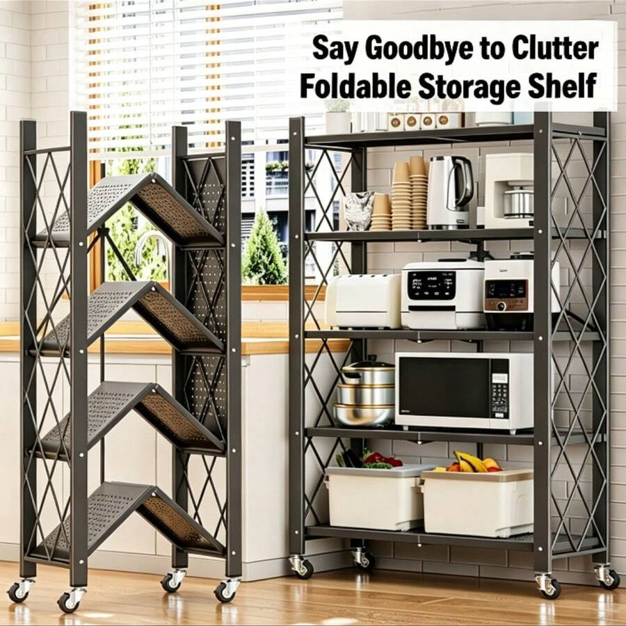 Rack 71*34*160cm 5-Tier No-Assembly Foldable Metal Storage Shelf With Lockable Casters, Multi-Purpose Organizer For Microwave, Tableware & Household Supplies - Multicolor - View 1