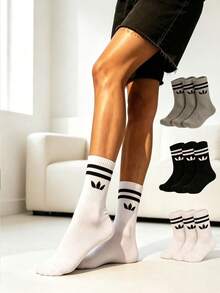 12 Pairs Unisex Classic 2-Stripe Mid-Calf Socks, Clover Logo Sports Casual Commute Versatile Socks - Multicolor - View 1