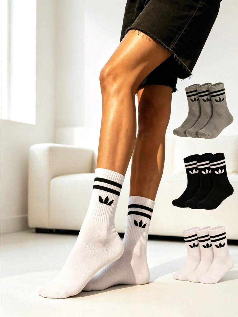 12 Pairs Unisex Classic 2-Stripe Mid-Calf Socks, Clover Logo Sports Casual Commute Versatile Socks - Multicolor - View 1