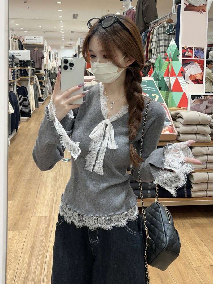 Autumn V-Neck Lace Trim Bell Sleeve Knit Base Layer Long Sleeve Sweater - Grey - View 1