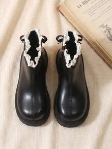 1 Pair 2026 New Girls' Lace Trim Ankle Boots, Soft Leather Thick Sole Anti-Slip Boot Design, Sweet Princess Gentle Style, Suitable For Autumn/Winter Daily Wear And Matching With Dresses - Black - View 4