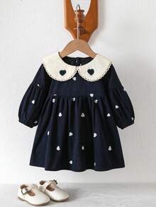 Baby Girl Heart-Shaped Embroidered Casual Lace Patchwork Dress - Navy Blue - View 15