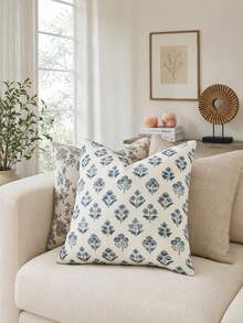 100% Cotton Floral Print Pillowcase, Double-Sided Woodblock Print Bohemian Style Decorative Pillowcase, Country Style Pillowcase, Suitable For Home Decor - Blue and White - View 6