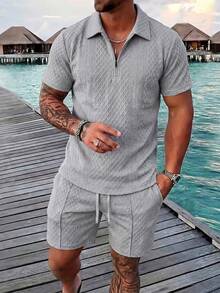 Men Polo Co-Ords - Grey - View 1