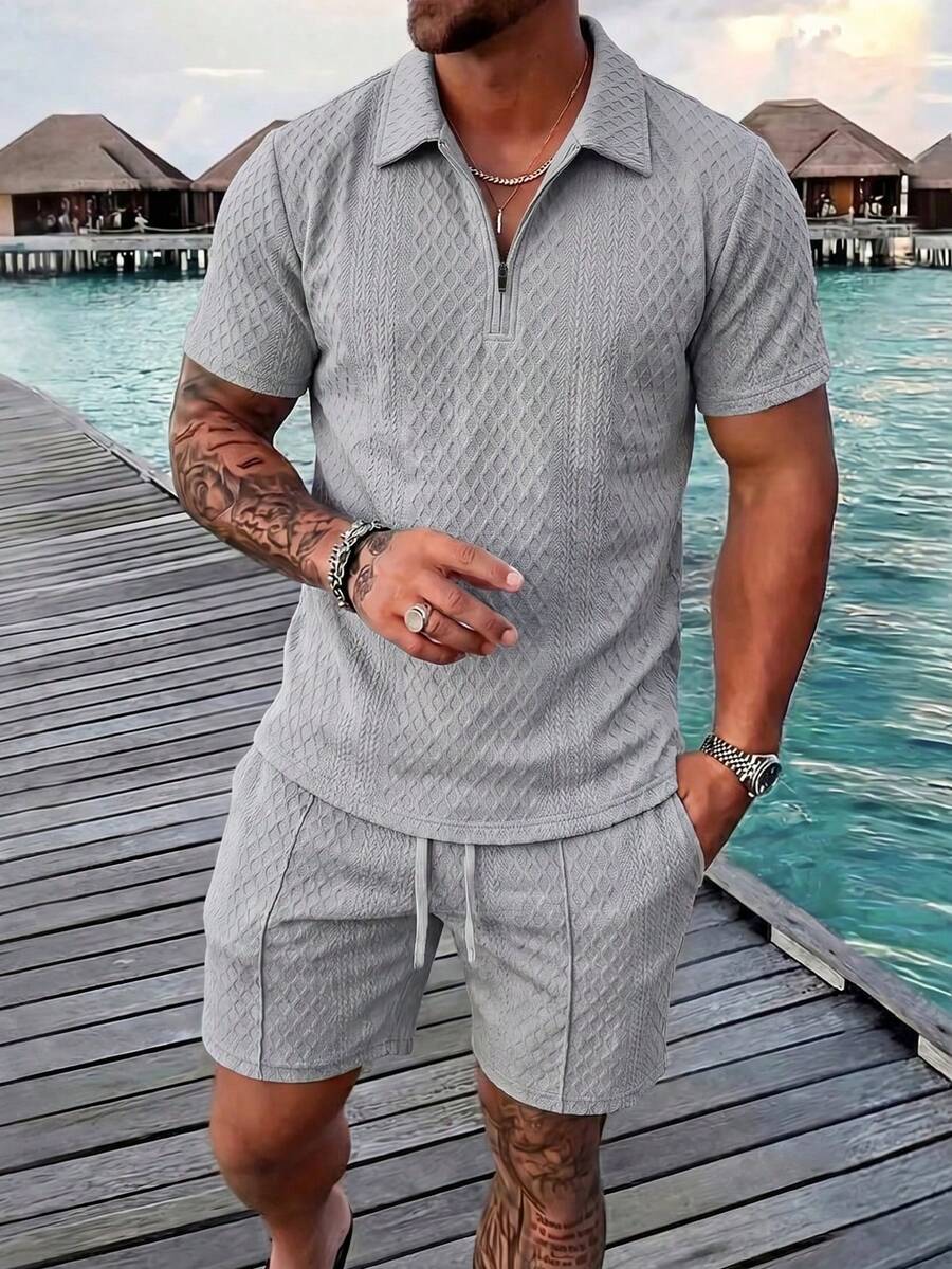 Men Polo Co-Ords - Grey - View 1