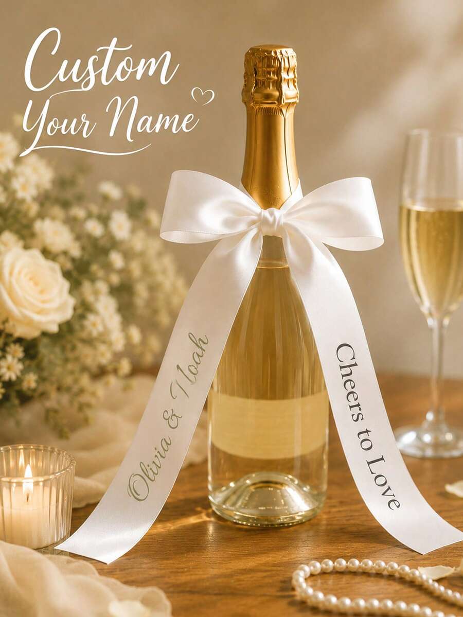 Customized Ribbon, Combination Bow, Customized Bridal Party, Gift, Wedding Bridesmaid Commemorative Ribbon, Suitable For Wedding, Funeral, Birthday (Champagne) Customized Ribbon Wedding Satin Ribbon, Baby Shower Decoration, Photo Frame, Party Invitation Or Decorative Ribbon - Exclusive Customized Ribbon - Multicolor - View 1
