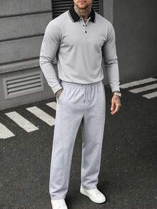 Set Kasual Pria: Kemeja Polo Lengan Panjang dan Celana Olahraga Longgar dengan Tali Serut di Pinggang - Light Grey - View 3